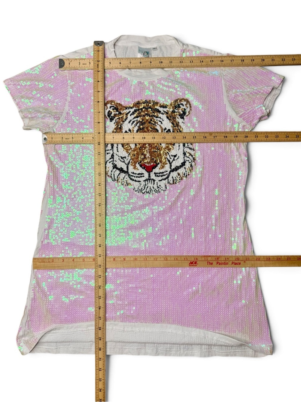 Queen of Sparkles White Iridescent Sequin Tiger Face T-Shirt Dress Size M - Picture 6 of 11